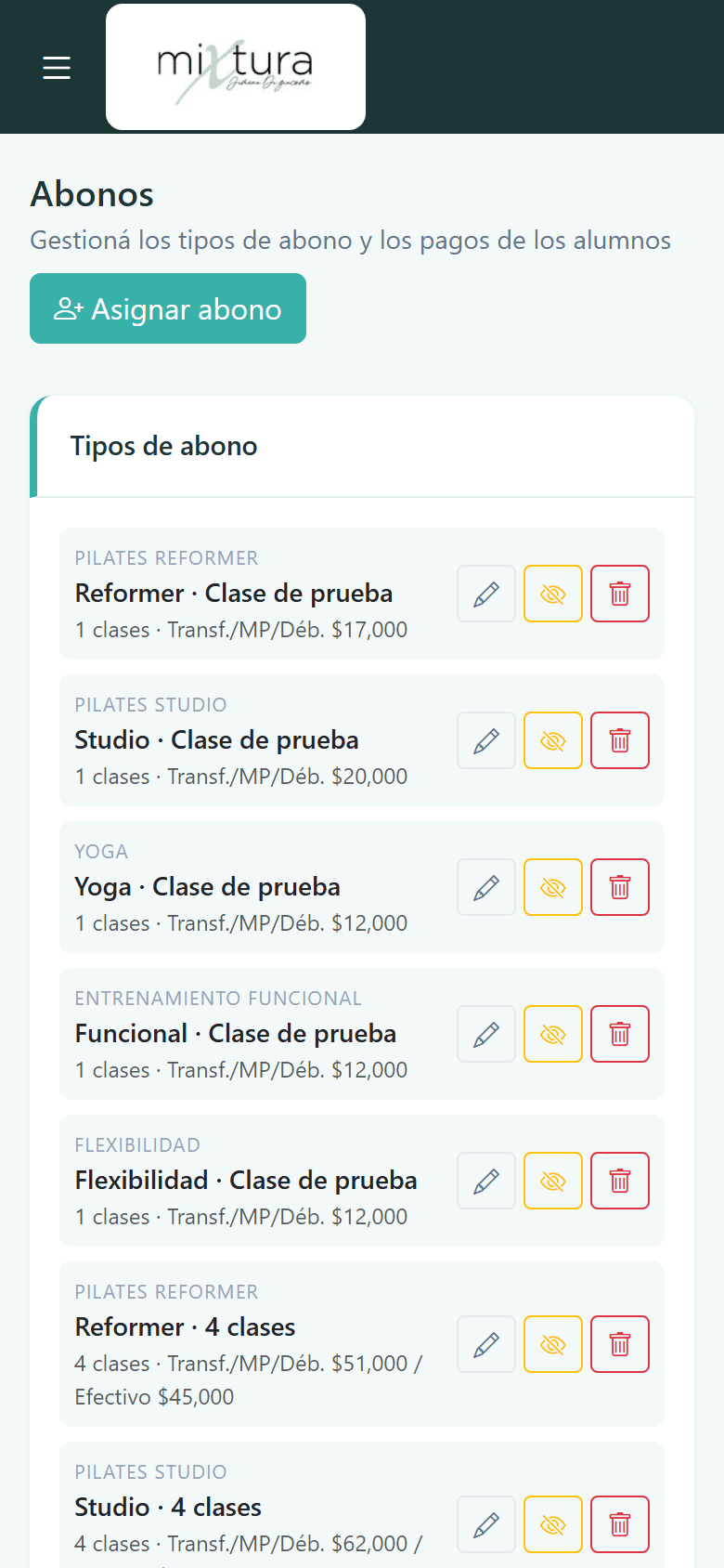 Gestión de tipos de abono y precios en el panel