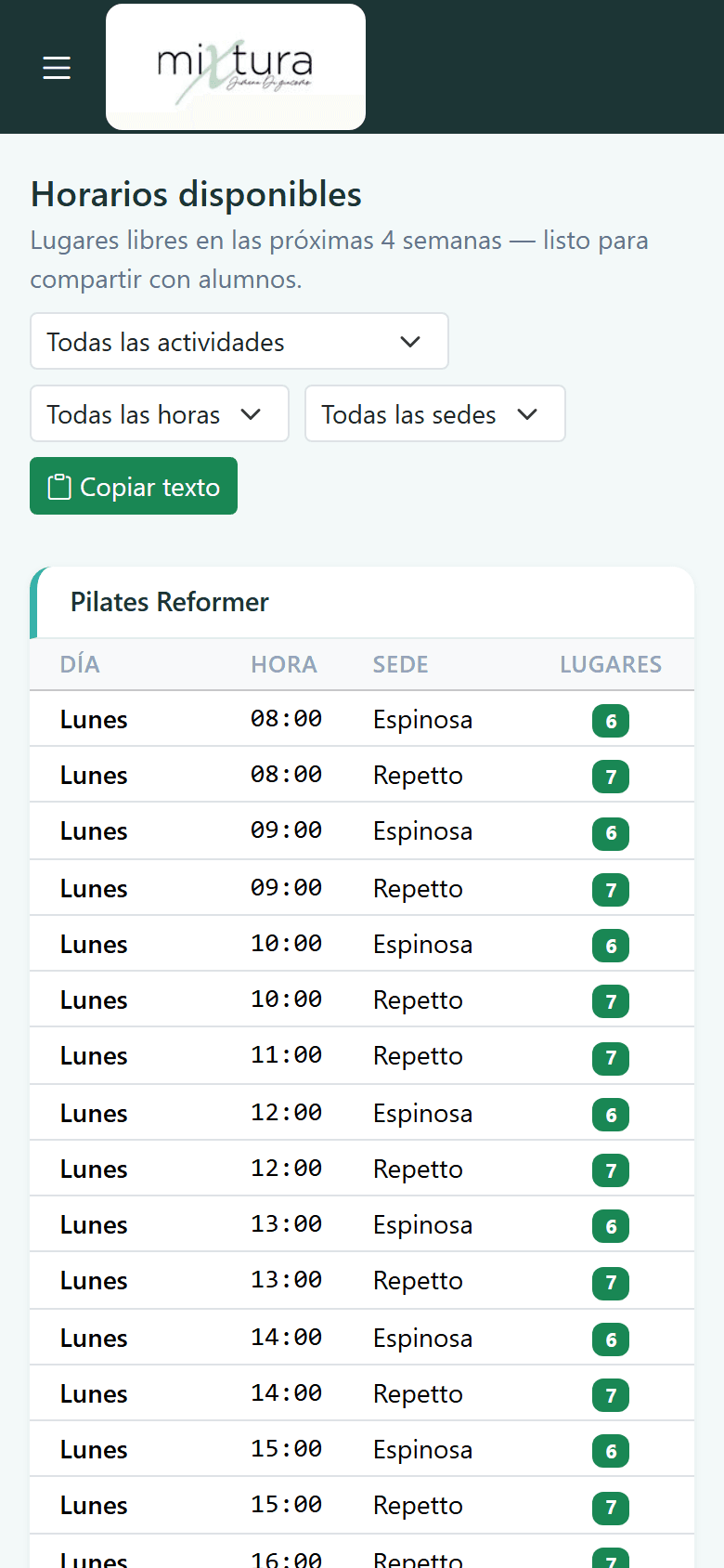 Horarios disponibles para compartir con alumnos