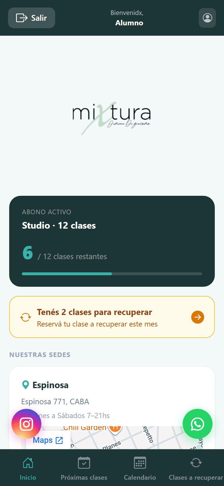 Panel del alumno: abono, recuperaciones y sedes