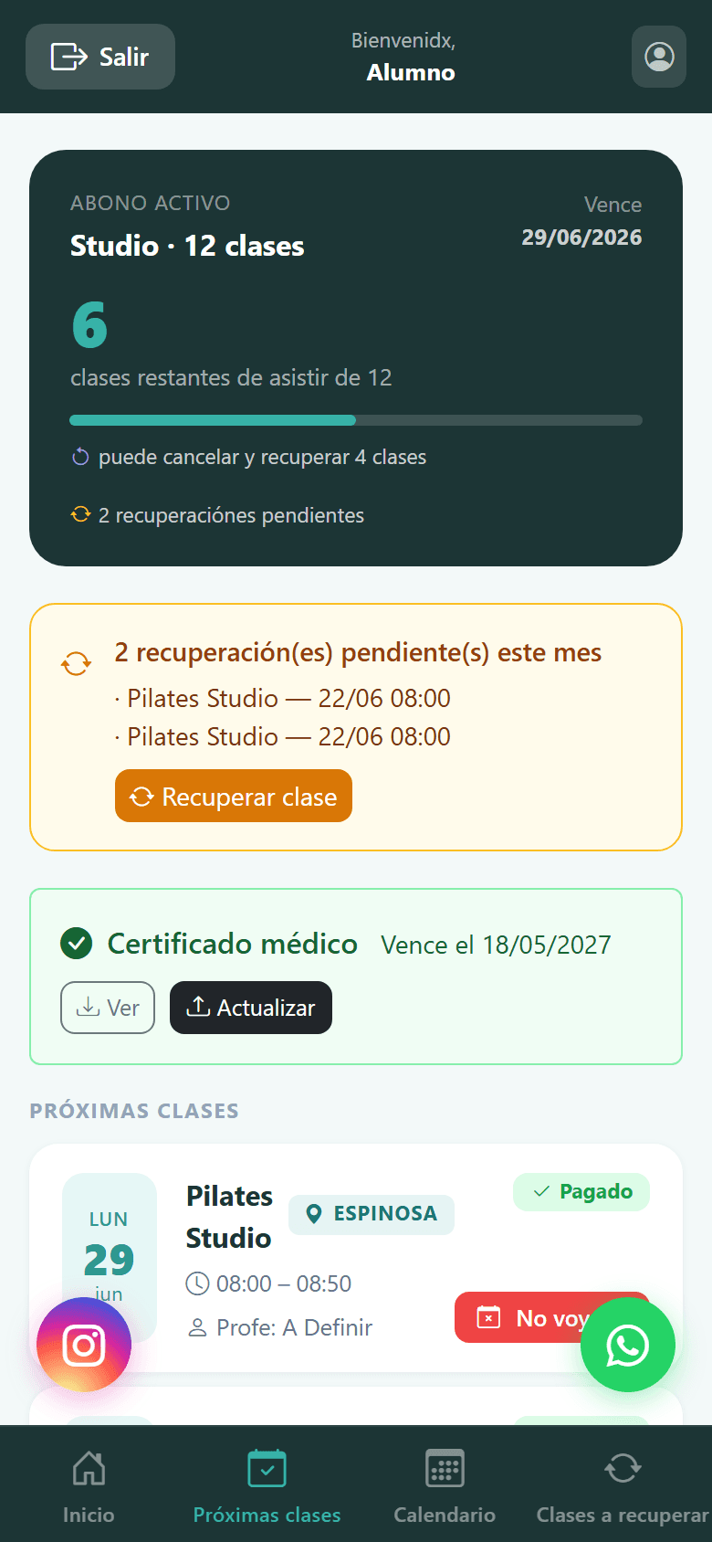 Próximas clases y abono activo en el sistema de Mixtura