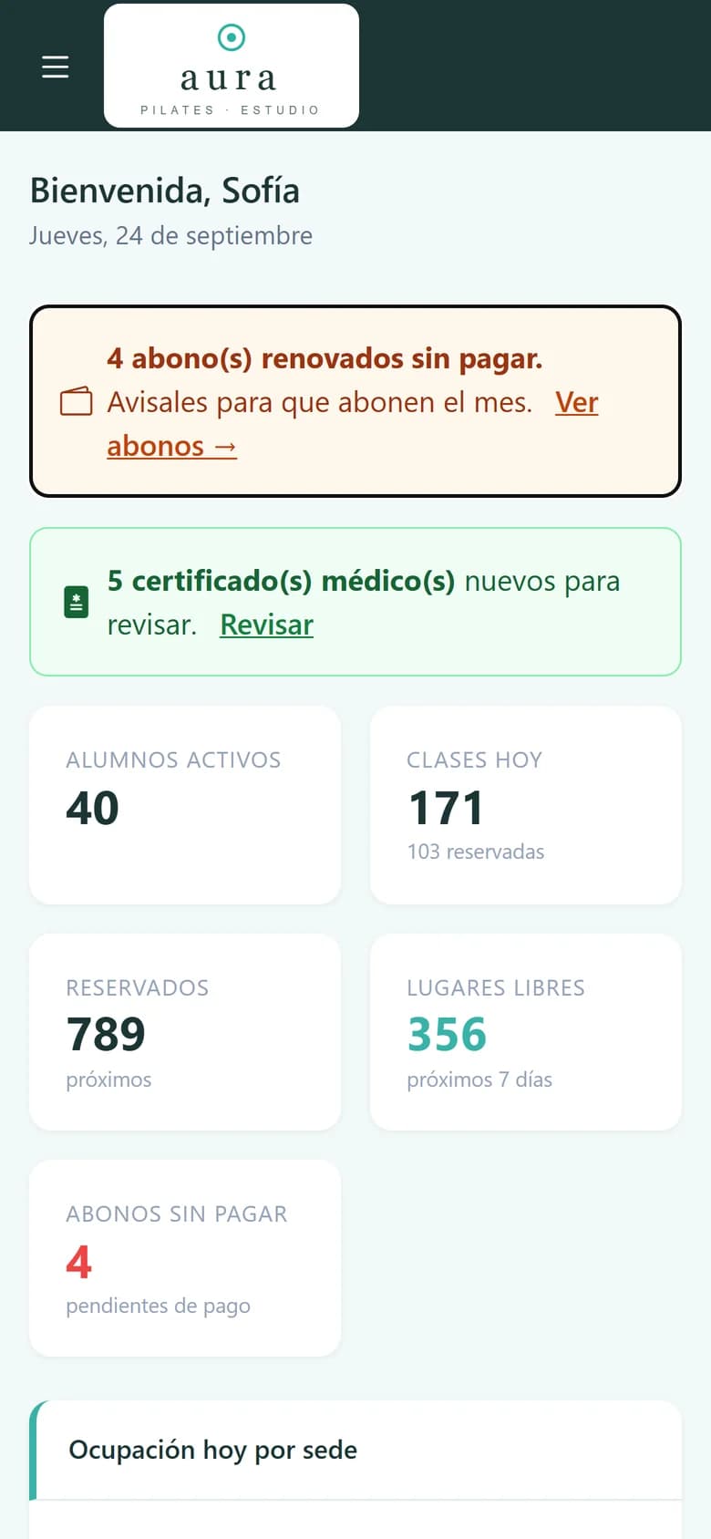 Inicio del panel con alumnos activos, clases de hoy, lugares libres y abonos sin pagar, en el celular