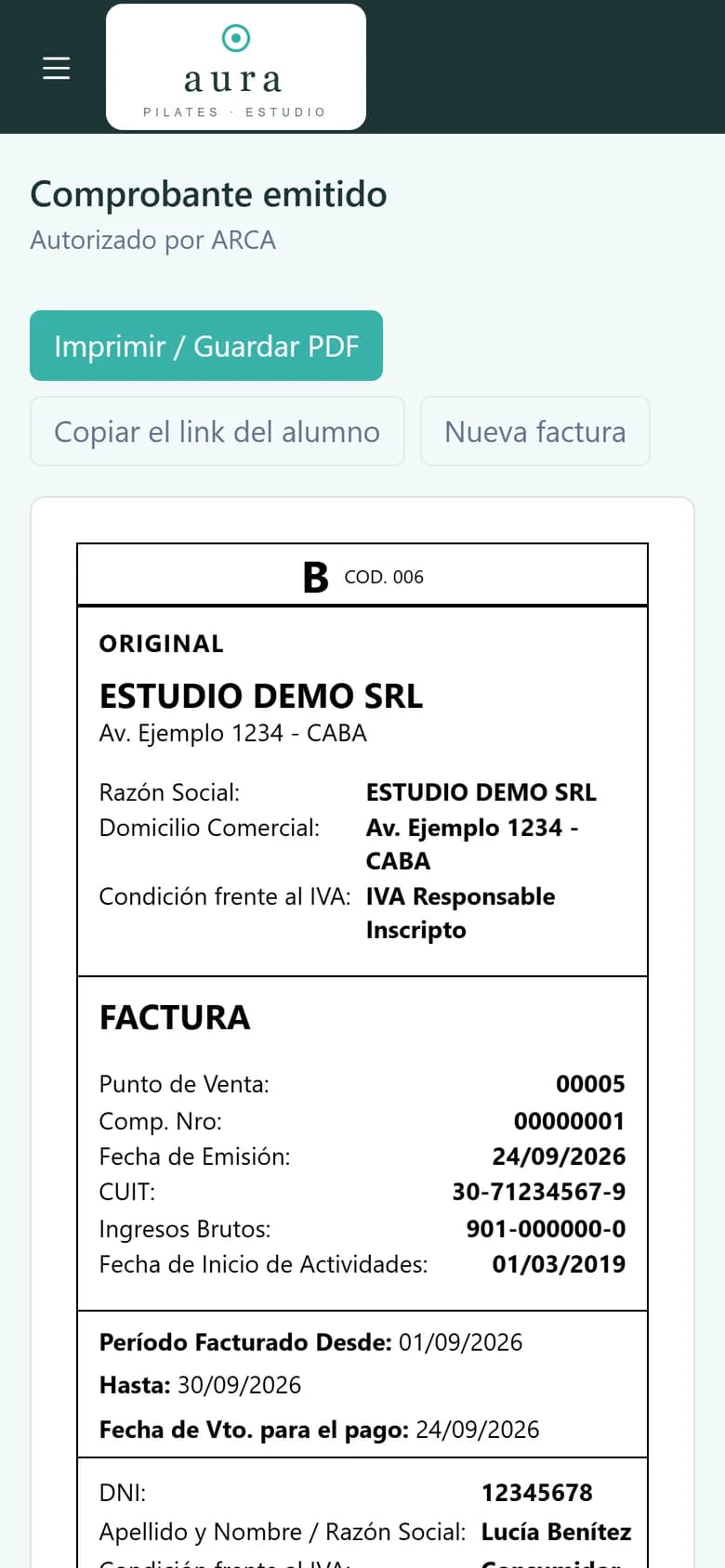 Factura B electrónica autorizada por ARCA, con CAE y código QR, en el celular