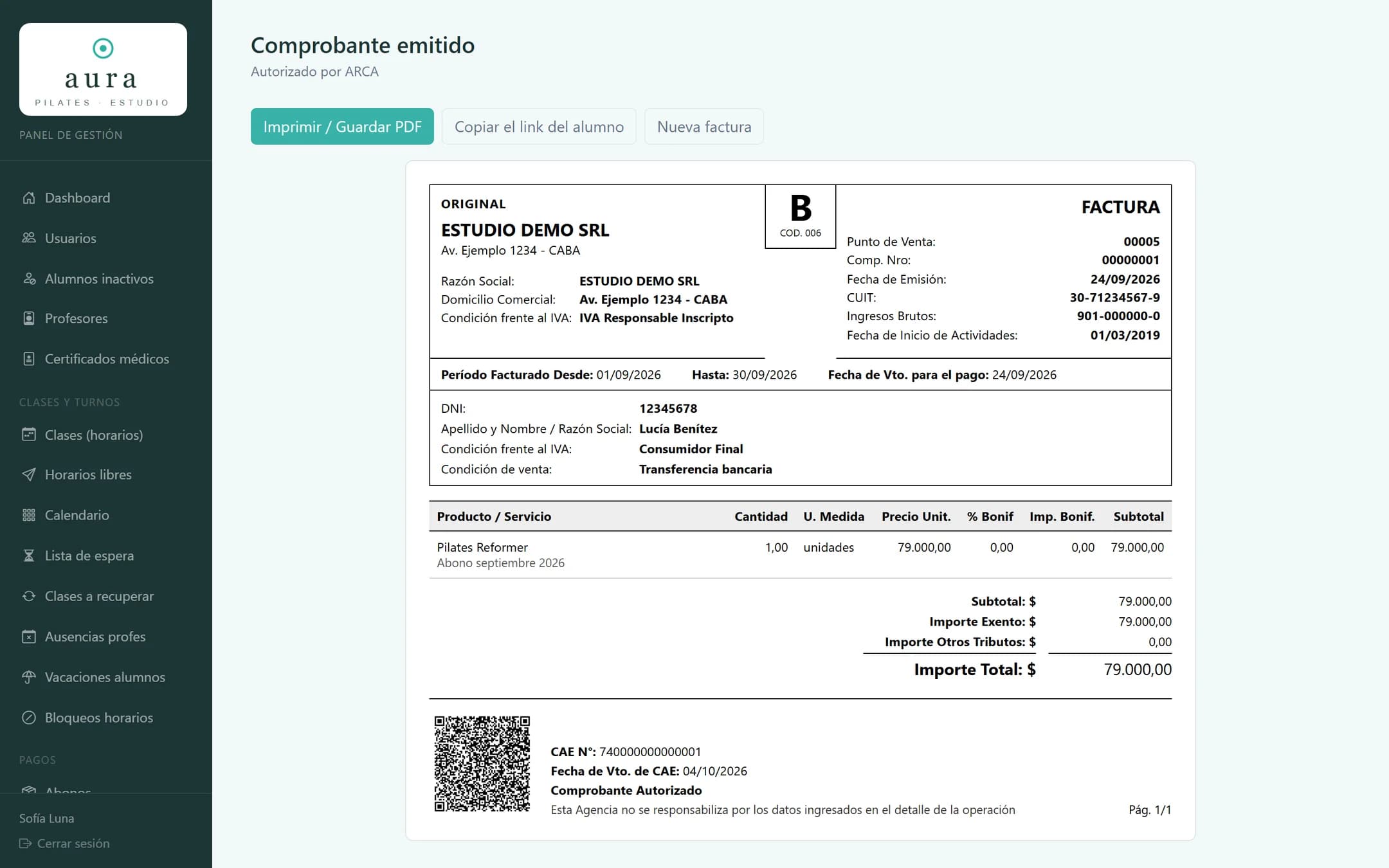 Factura B electrónica autorizada por ARCA, con CAE y código QR