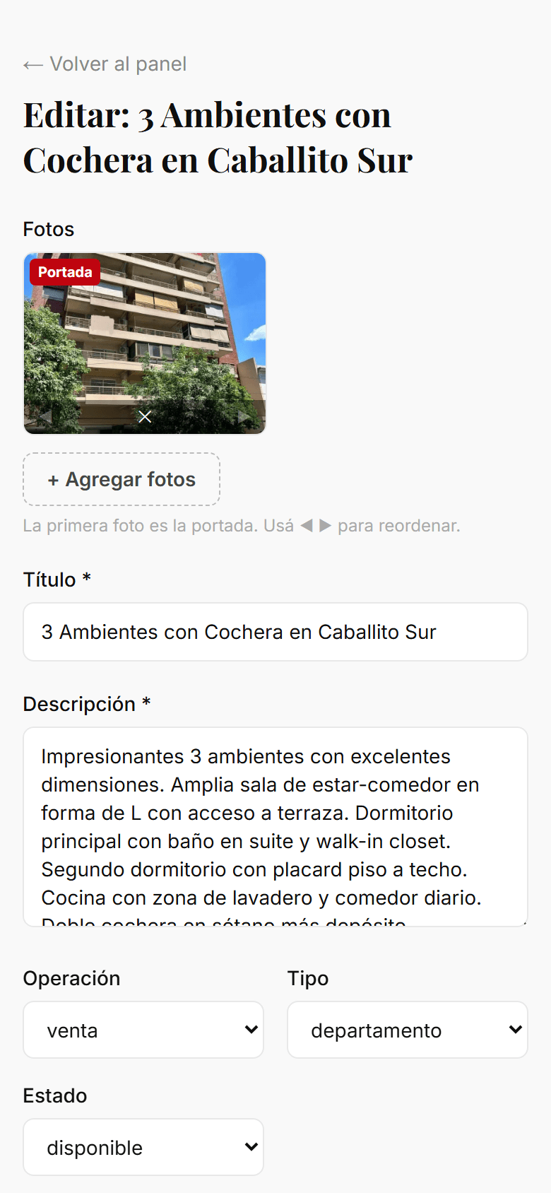 Carga y edición de una propiedad con fotos y datos