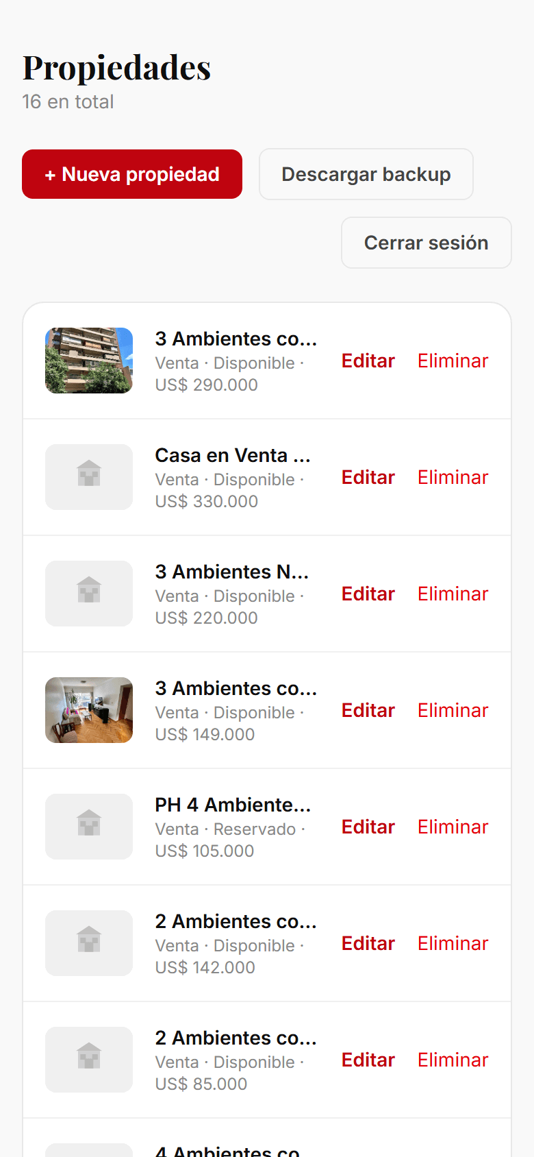 Listado de propiedades en el panel de Crestodina