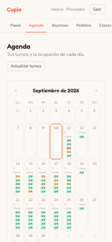 Agenda del mes en Cupio con la ocupación de cada clase por color