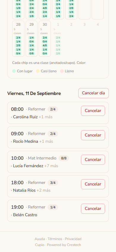 Clases de un día en Cupio con las alumnas anotadas en cada una