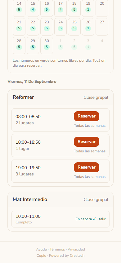 Clases del día en Cupio con los lugares libres, una clase completa y la lista de espera