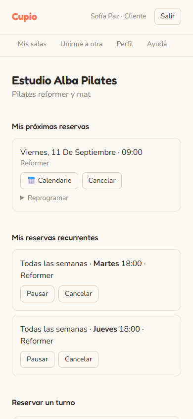 Vista de la alumna en Cupio: su próxima clase y su lugar fijo semanal